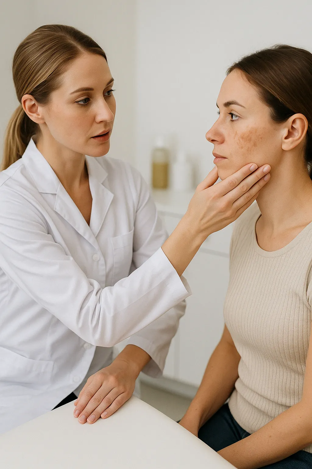 Antes y después del tratamiento de melasma: reducción visible de manchas oscuras en mejillas y frente