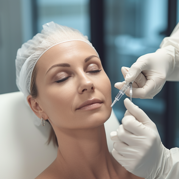 Aplicación de relleno de labios con ácido hialurónico en clínica estética.